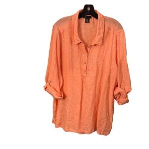 Jones New York Women Plus Sz 2X 100% LINEN  Roll Tab Sleeves Top Coral Peach